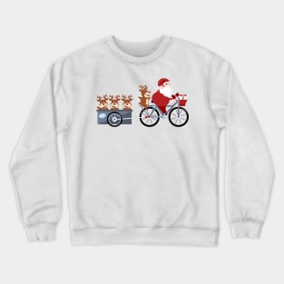 Santa Claus  riding a bike with reindeer in a trailer Crewneck Sweatshirt